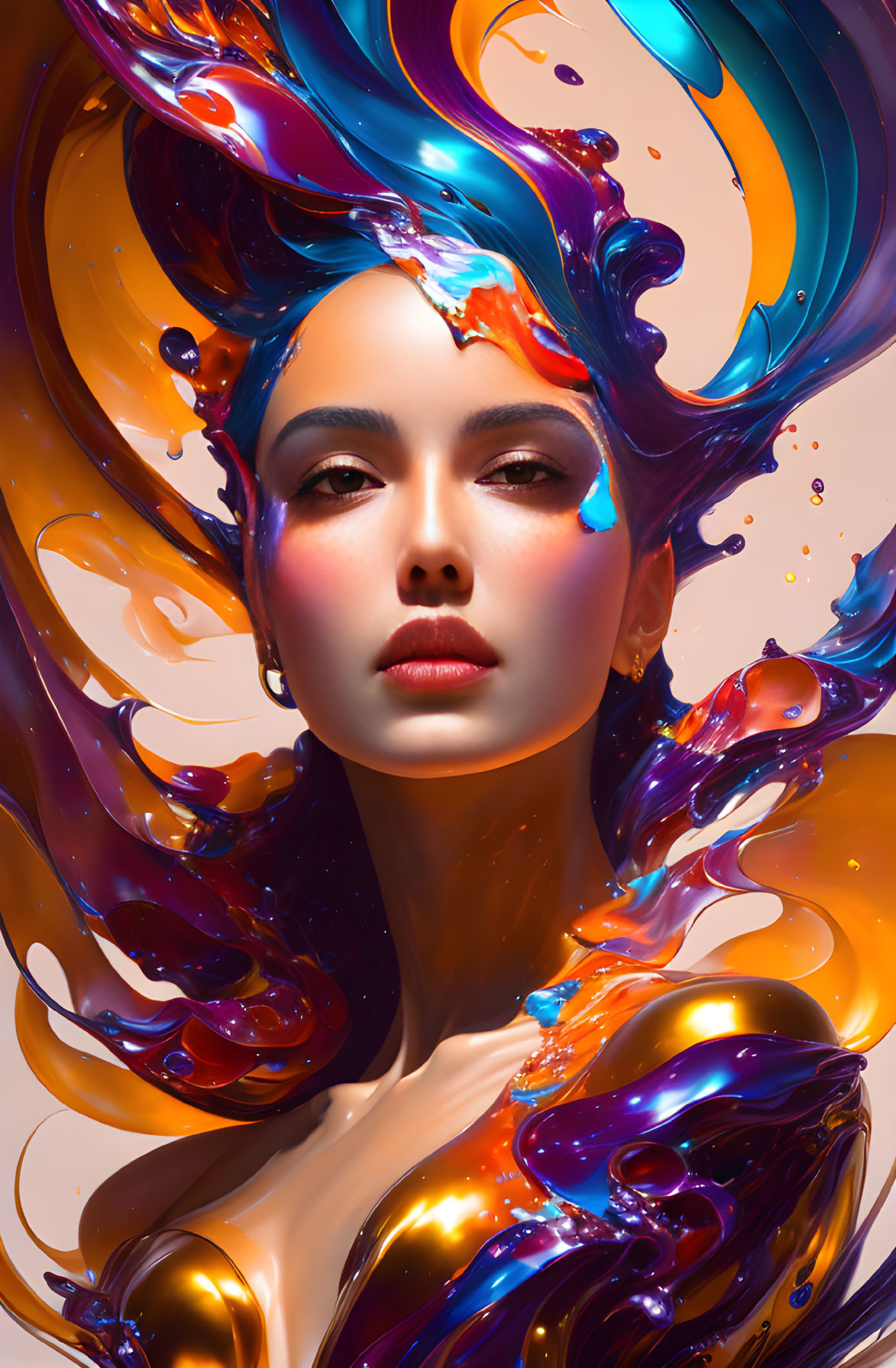 Vibrant digital artwork: Woman surrounded by swirling paint-like streams