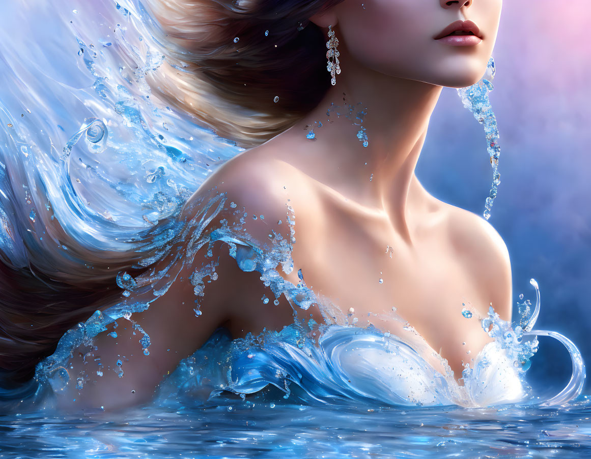 Digital artwork: Woman with flowing water hair & dress, intricate water splash details, surreal fantasy theme