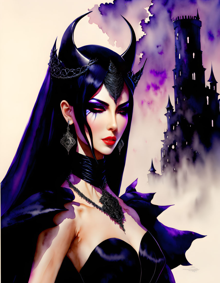 Gothic fantasy queen with horned crown and castle backdrop