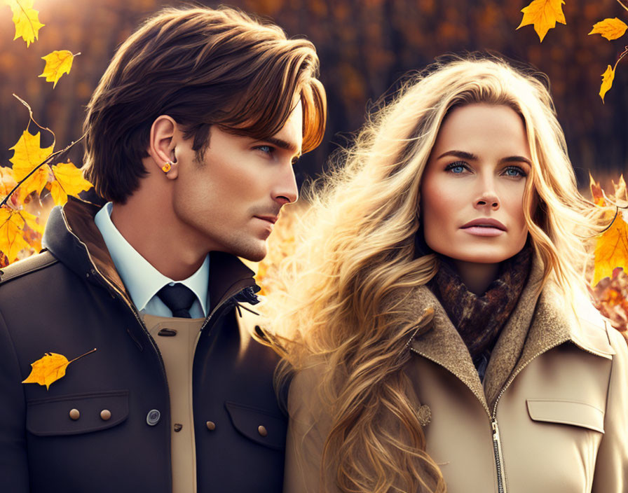 Fashionable couple with autumn leaves, looking afar