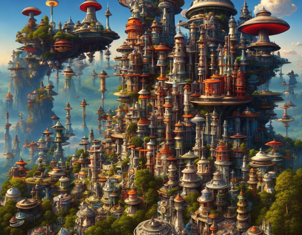 Vibrant fantasy cityscape with towering spires and floating islands