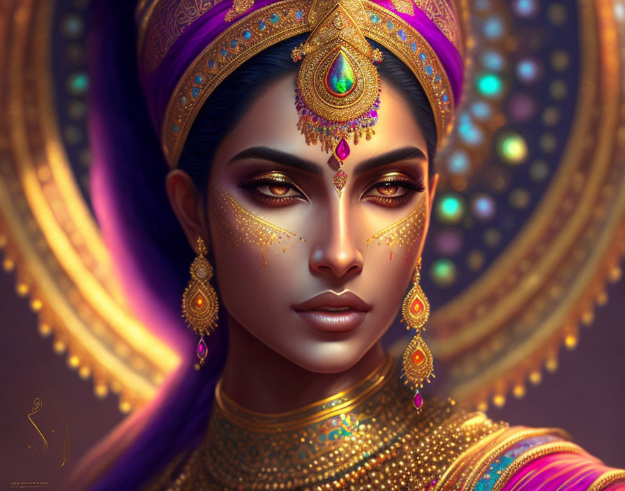 Ornate golden jewelry and vibrant headpiece on a woman against purple backdrop