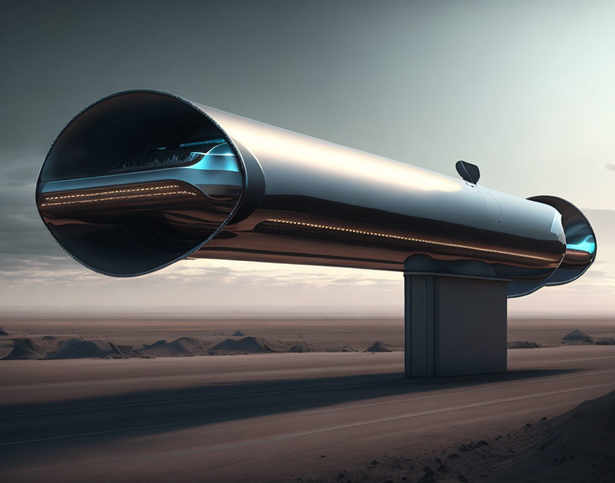 Levitating futuristic capsule on concrete platform in desert landscape