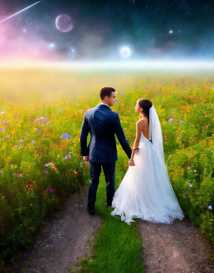 Couple in wedding attire walking through flower field under starry sky with planets visible