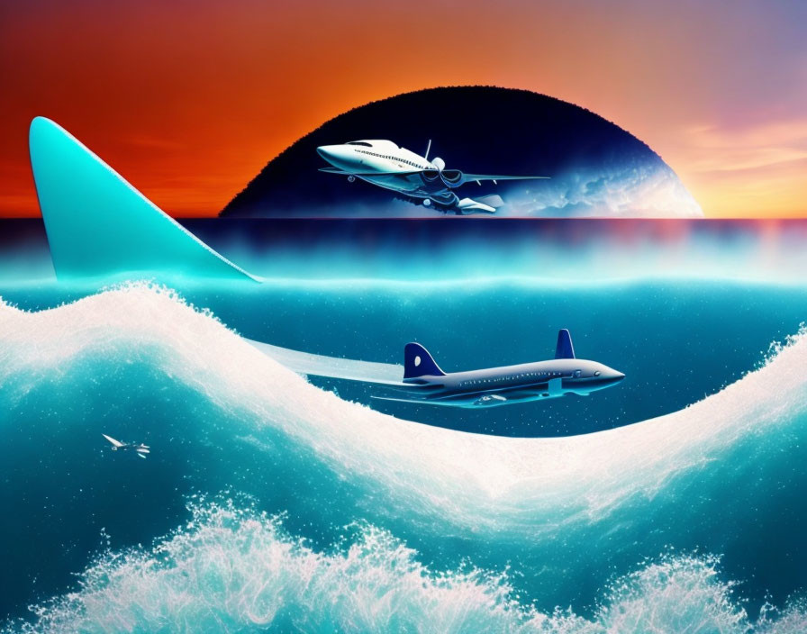 Surreal sunset scene with plane on wave's crest and aloft in vibrant ocean