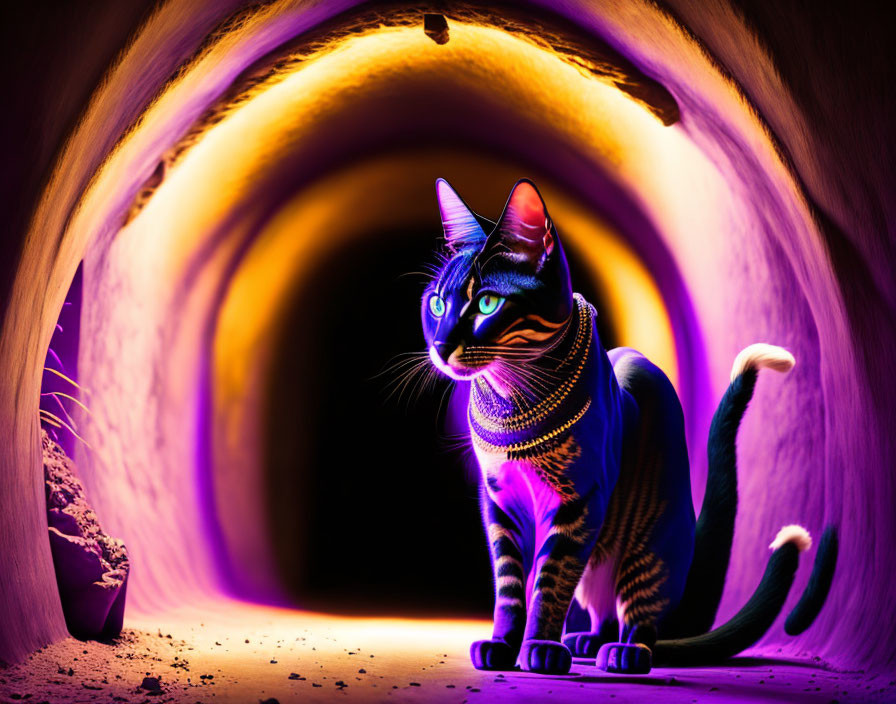 Majestic cat with blue eyes in vibrant illuminated tunnel