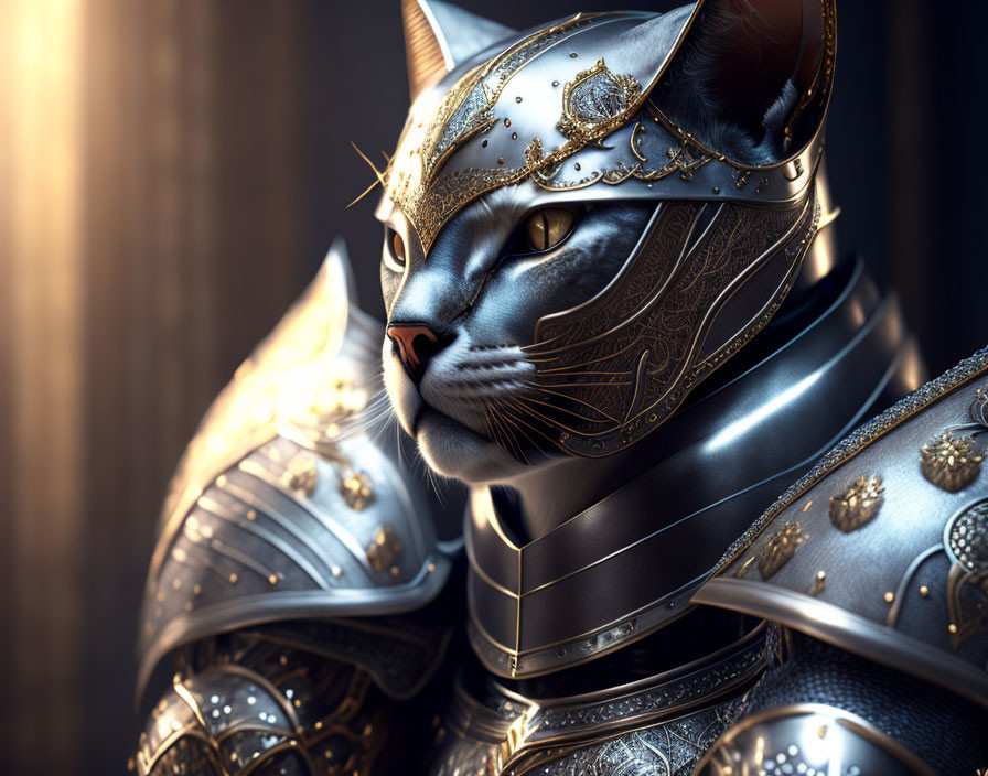 Majestic black cat in golden-trimmed medieval armor