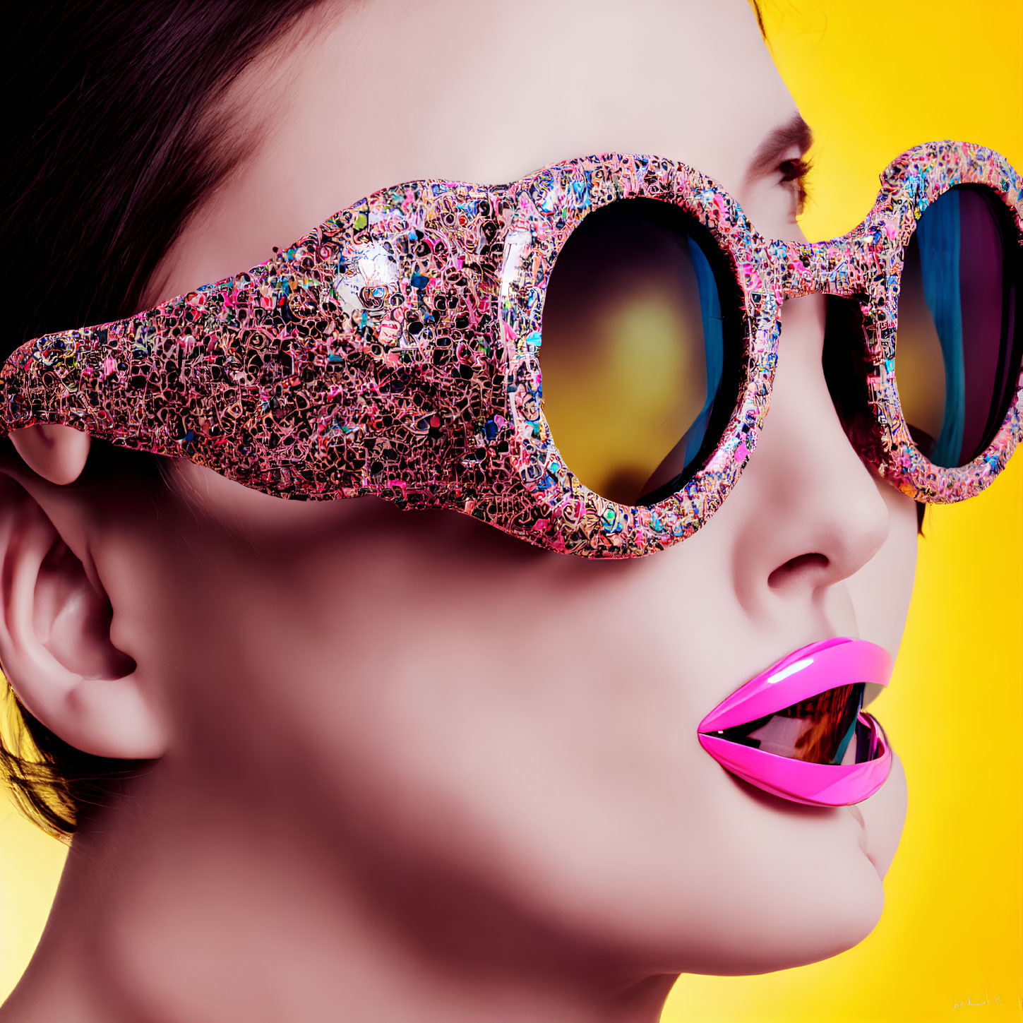 Vibrant pink sunglasses and hot pink lipstick on woman against yellow background