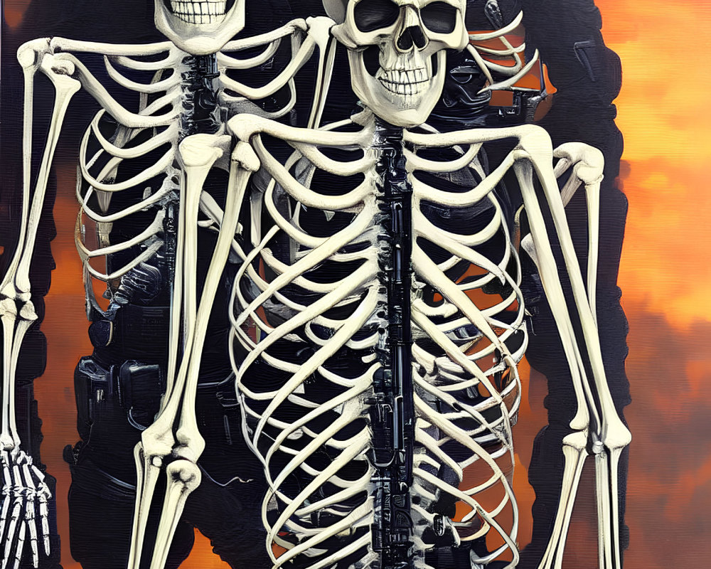 Skeleton Figures with Police Hats and Badges on Orange Red Gradient Background