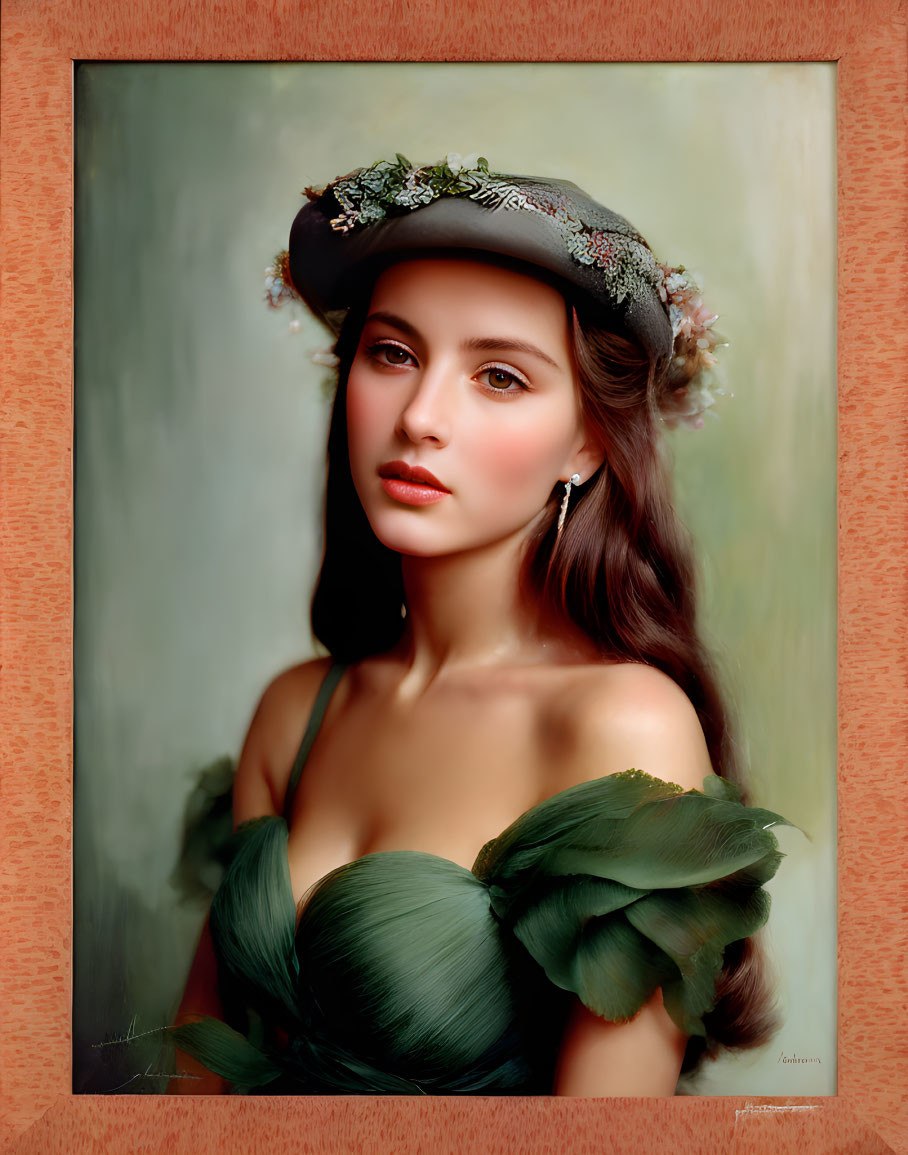 Portrait of a woman in brown hair, beret, emerald dress with leaf embellishments