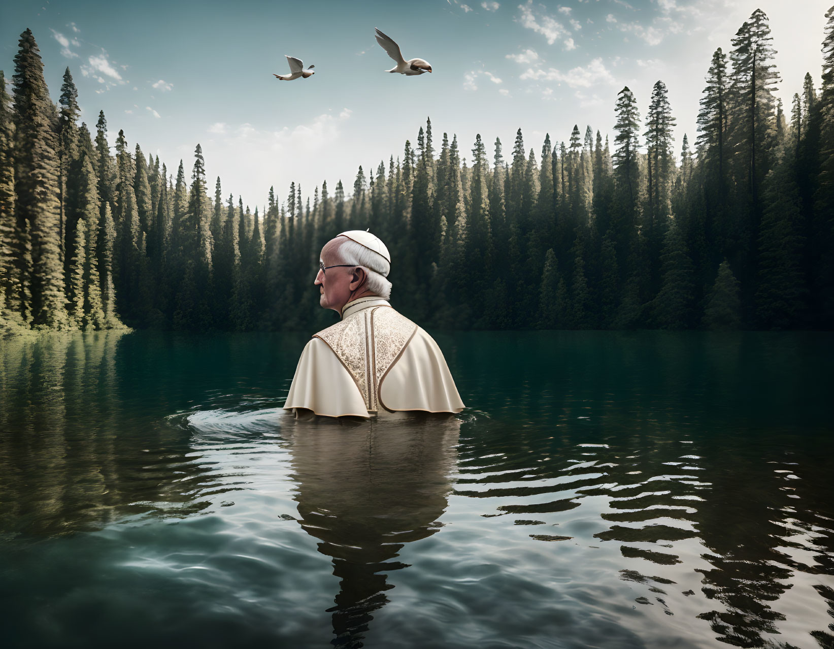 Man in Papal Attire Standing in Tranquil Lake Amid Forest and Birds