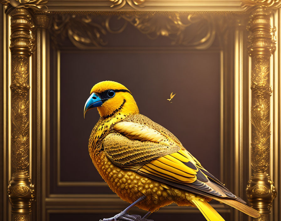 Colorful bird with blue beak in ornate frame on dark background