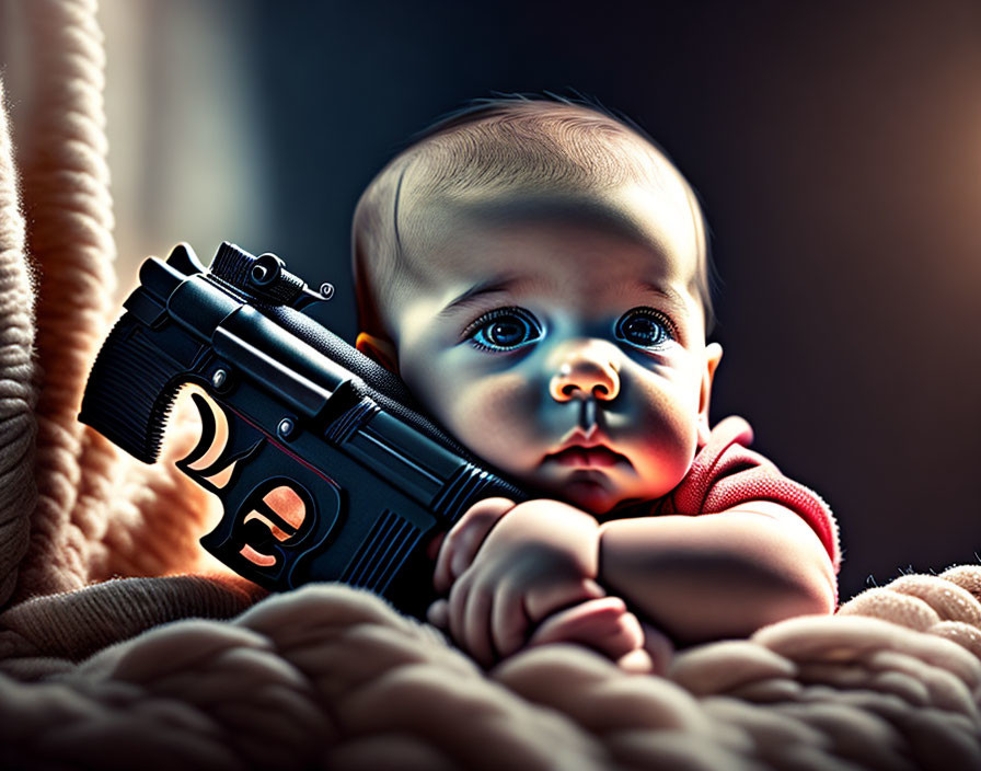 Innocent baby holding a dark handgun on cream blanket