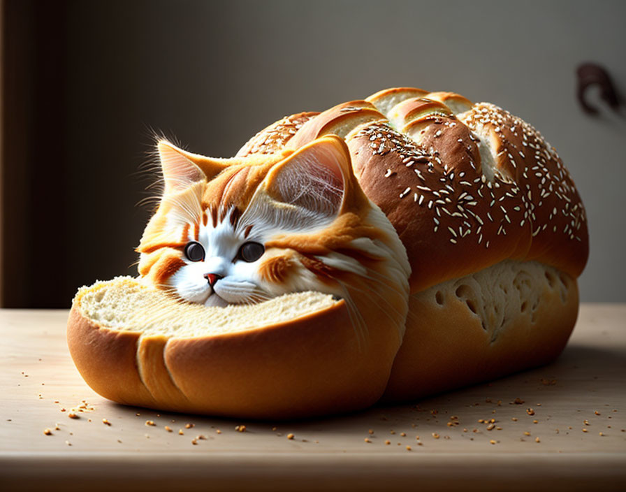 Digital Artwork of Cat Resembling Loaf of Bread on Wooden Table