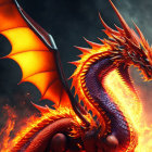 Fiery red and orange dragon with spread wings in flames and volcanic rocks