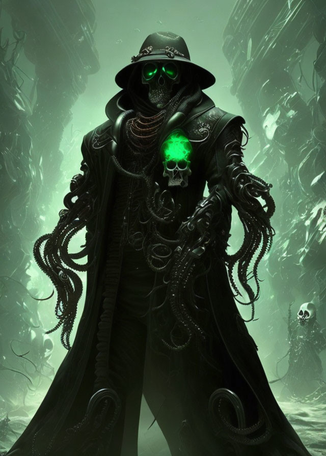 Mysterious Figure in Dark Cloak with Glowing Green Eyes Holding Skull