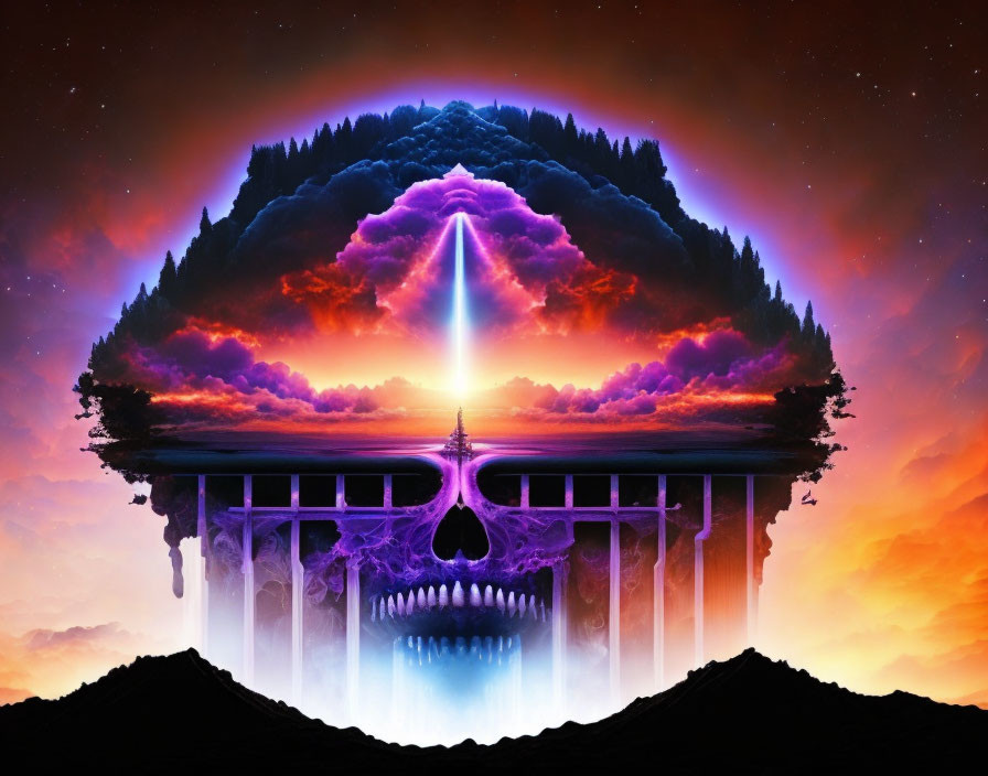 Surreal neon-lit skull in cosmic mountain landscape