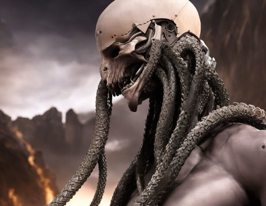 Cyborg with Skull, Mechanical Enhancements, and Tentacles in Stormy Setting