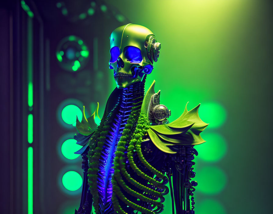 Futuristic robotic skeleton with skull head and shoulder spikes on green-lit background