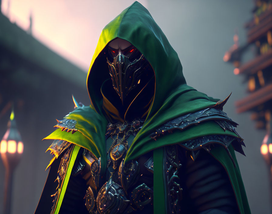 Character in ornate armor with green hood and metal mask in dimly lit setting.