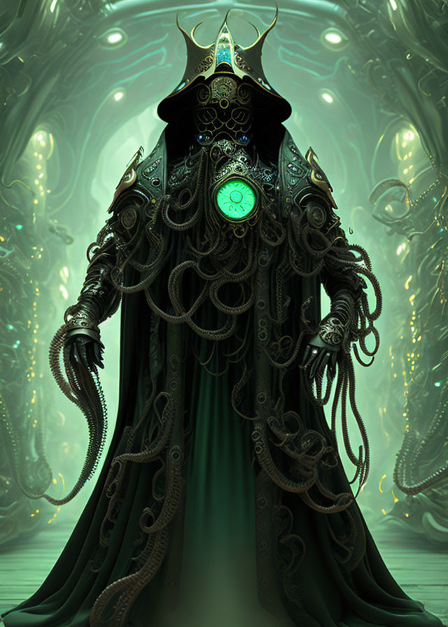 Mysterious figure in dark robe with green accents in biomechanical setting