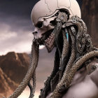 Cyborg with Skull, Mechanical Enhancements, and Tentacles in Stormy Setting