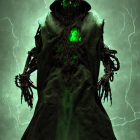 Mysterious Figure in Dark Cloak with Glowing Green Eyes Holding Skull