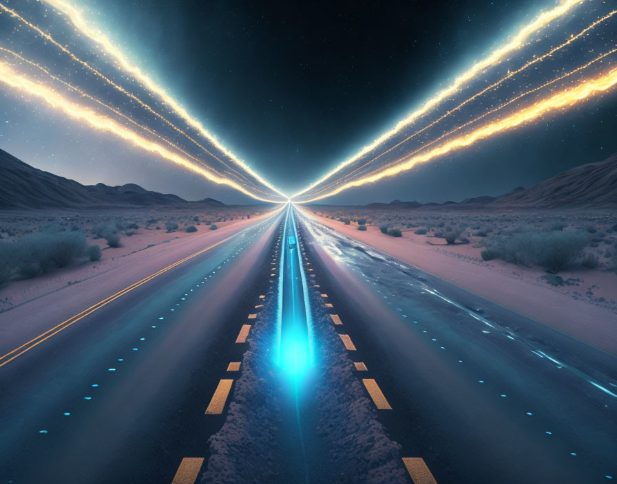 Surreal desert road with blue neon light trails under starry sky