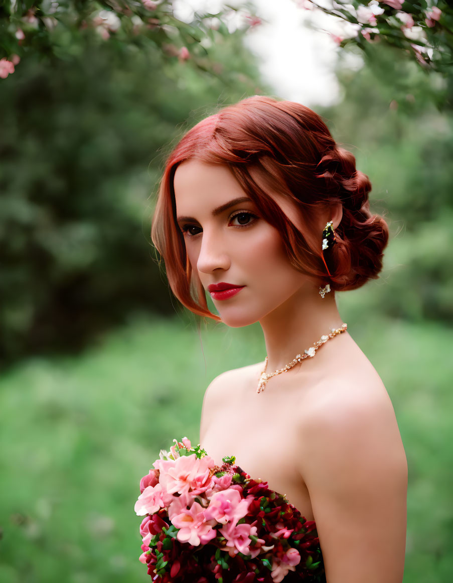 Red-haired woman in elegant jewelry holding pink flower bouquet against green backdrop