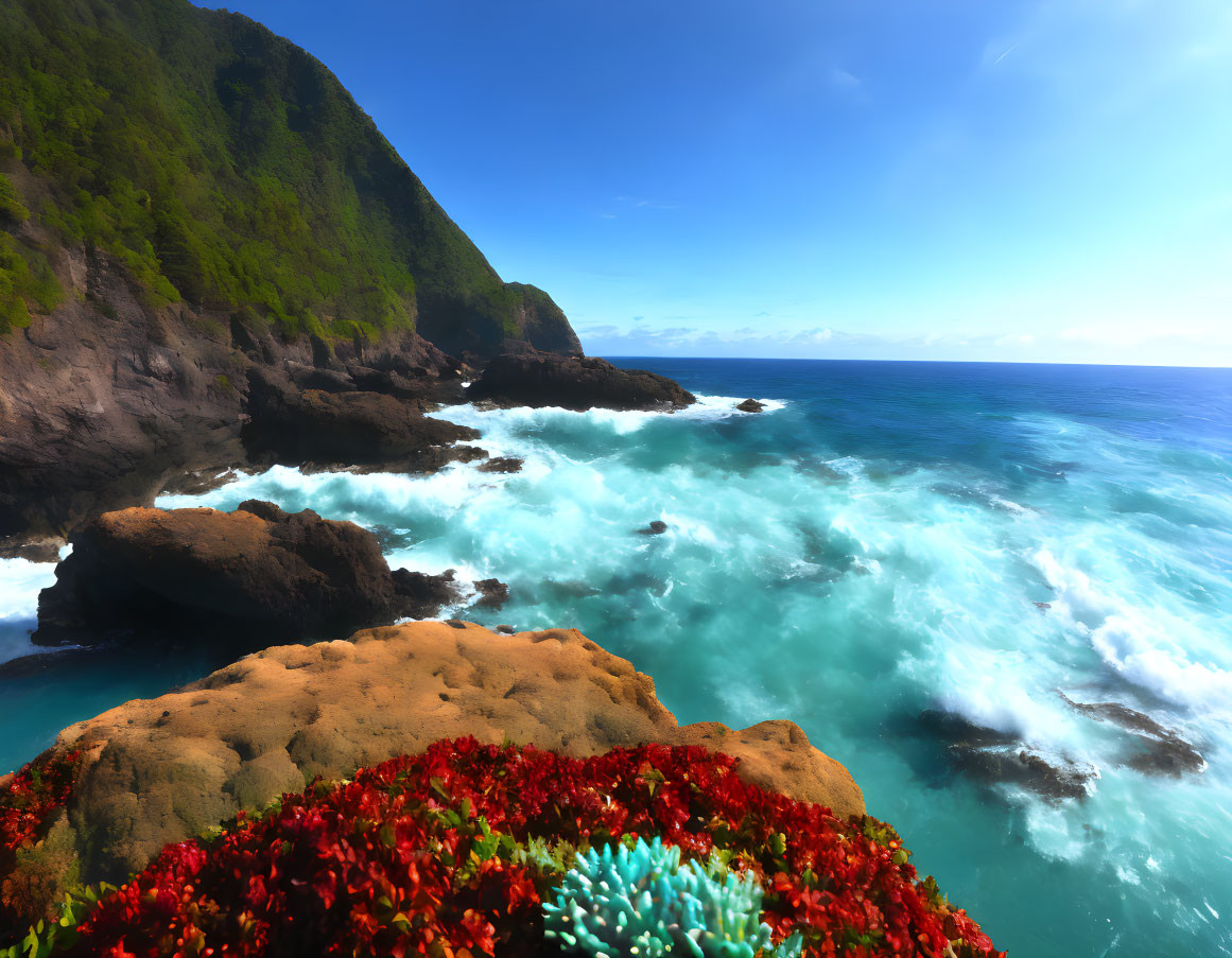 Scenic coastal landscape with green cliffs and blue waters