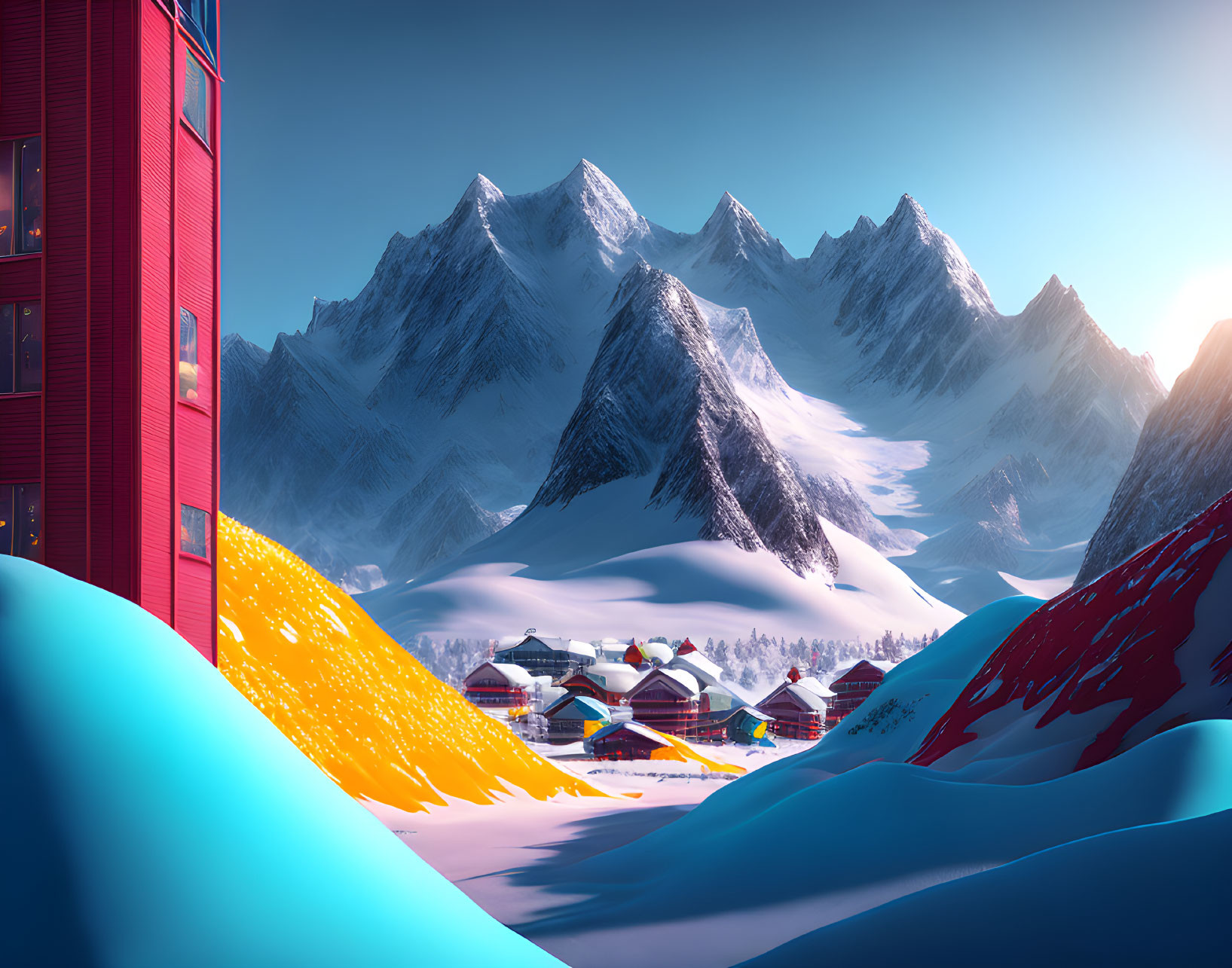 Snowy Mountain Landscape with Red Telephone Booth and Sunlit Village