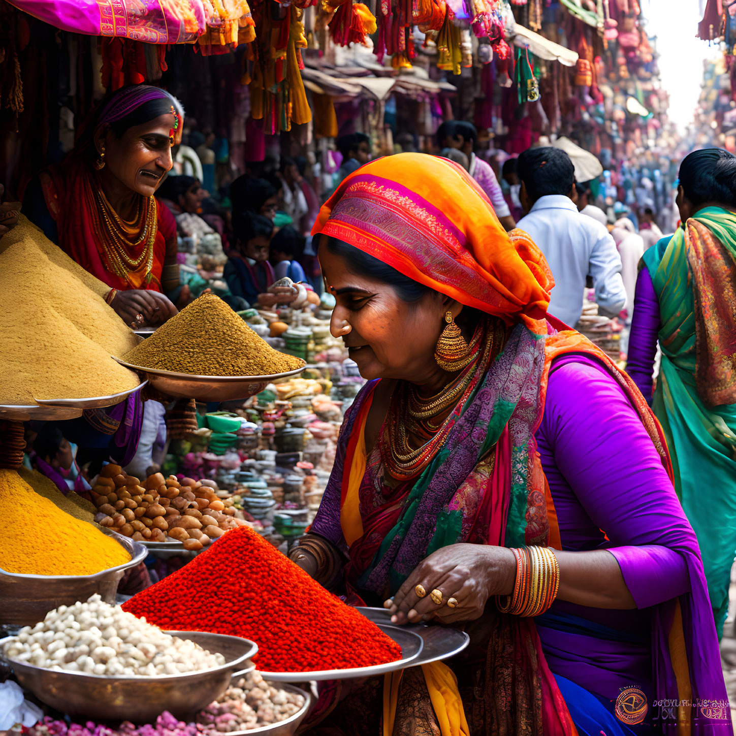 Traditional Attire Woman Examining Spices at Vibrant Market Stall