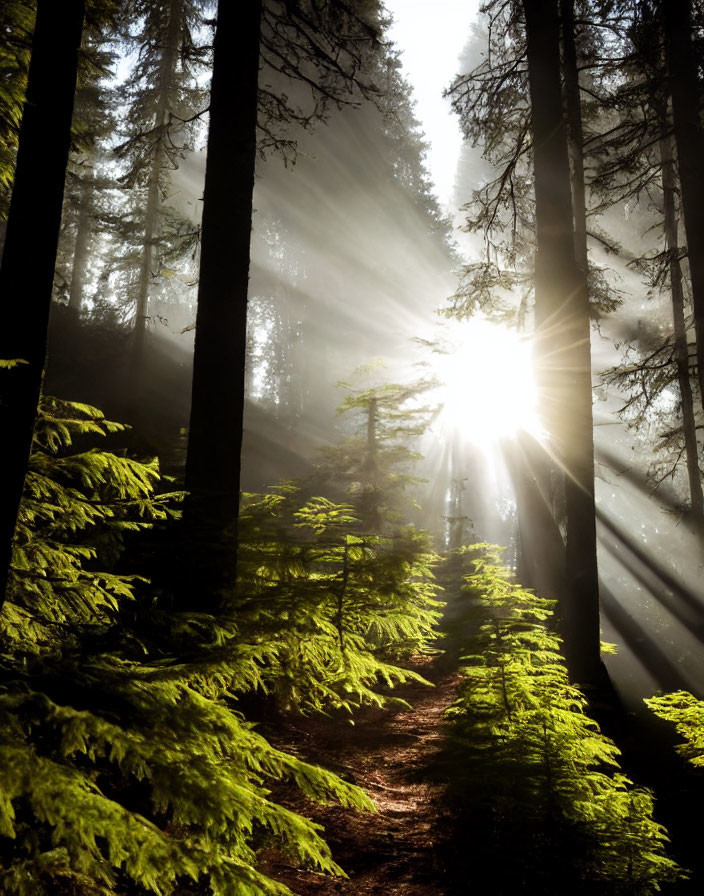 Misty forest scene with sunbeams on narrow trail