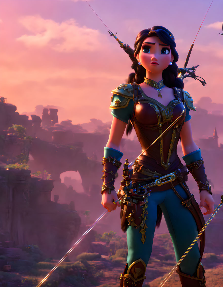Female warrior in blue armor with bow and arrow at mystical sunrise