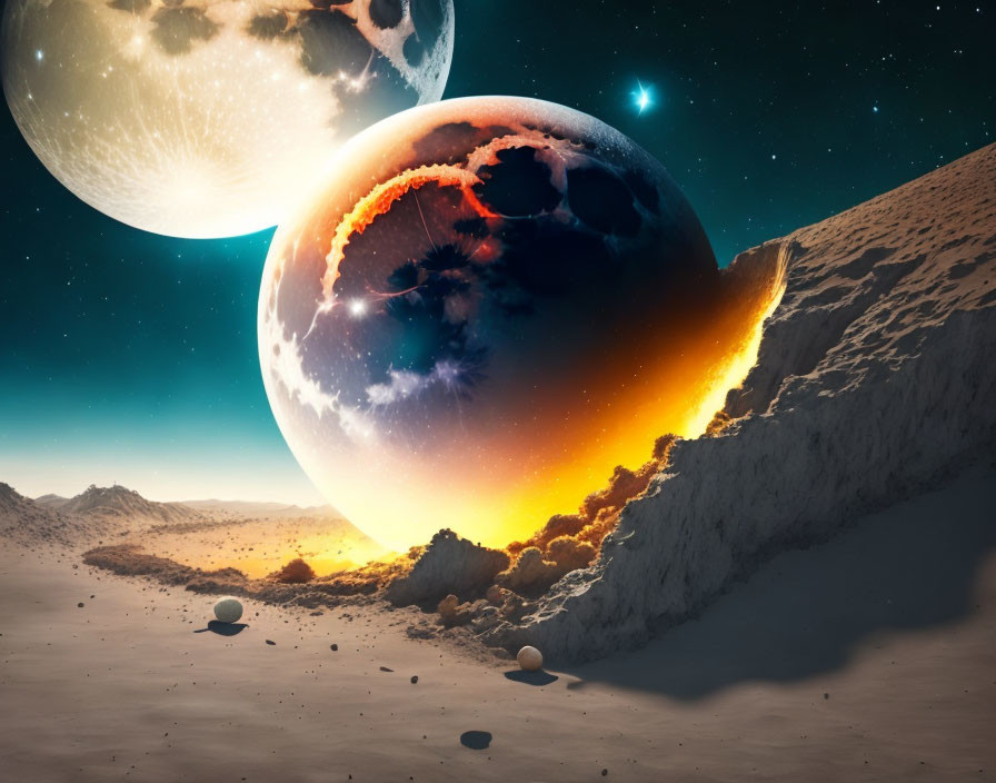 Surreal sci-fi landscape with burning planet and starry sky