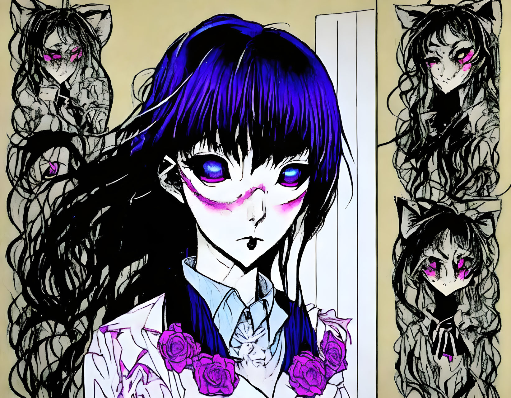 Girl with purple eyes, black hair, cat ears, and roses in mirror reflections.