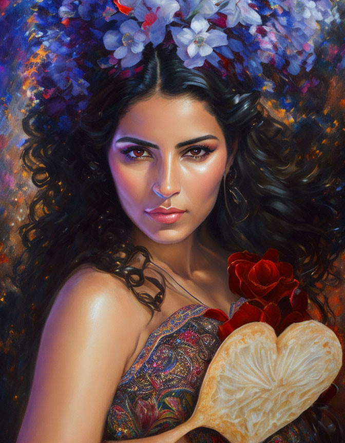 Portrait of Woman with Dark Curly Hair Holding Heart-Shaped Object surrounded by Flowers and Colorful Background