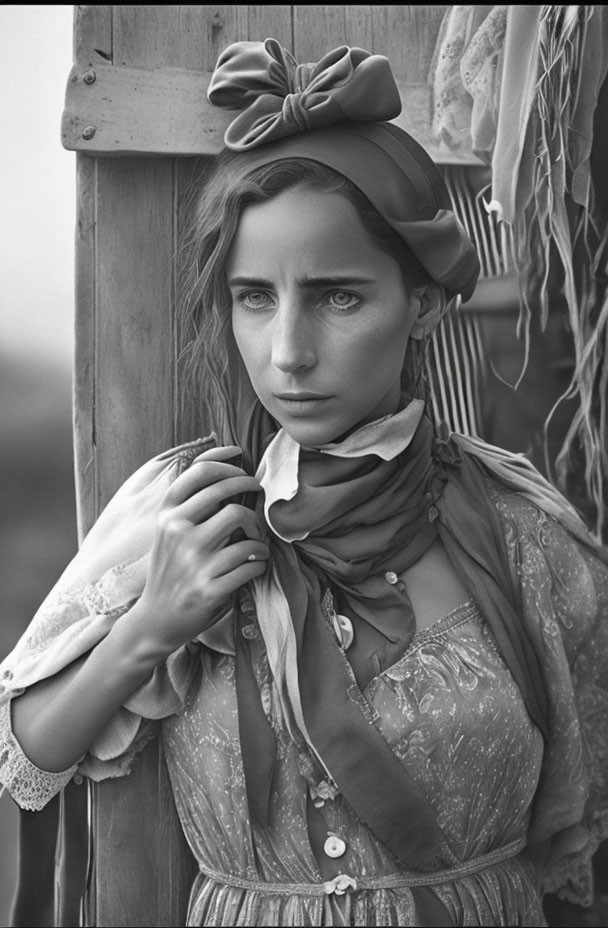 Vintage Attired Woman Posing by Wooden Post