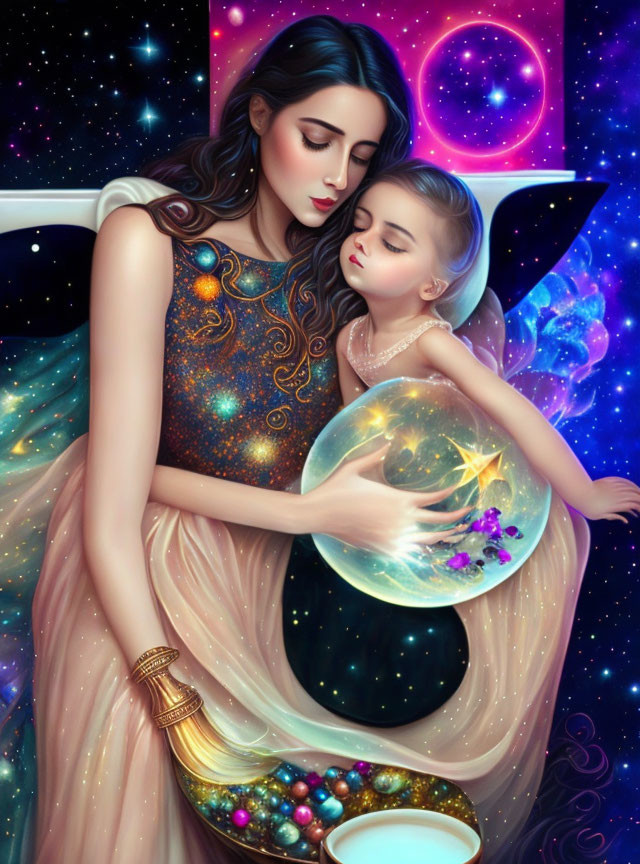 Illustration: Woman and child in celestial attire against cosmic background