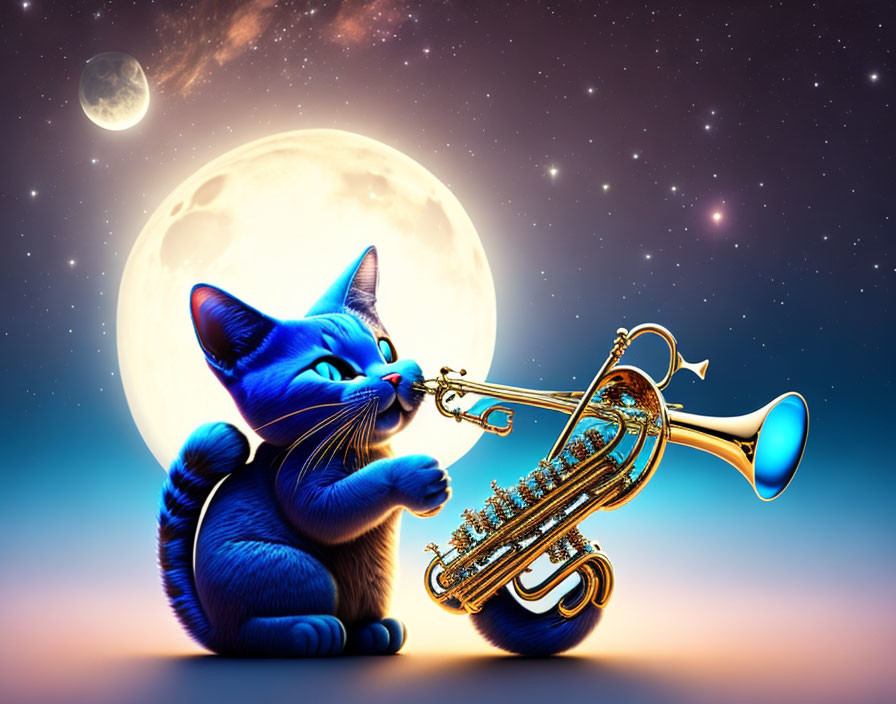 Blue cat playing trumpet under starry sky with glowing moon