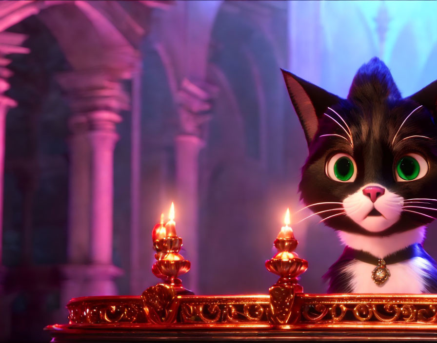 Animated black and white cat with green eyes in front of lit candles on purple background