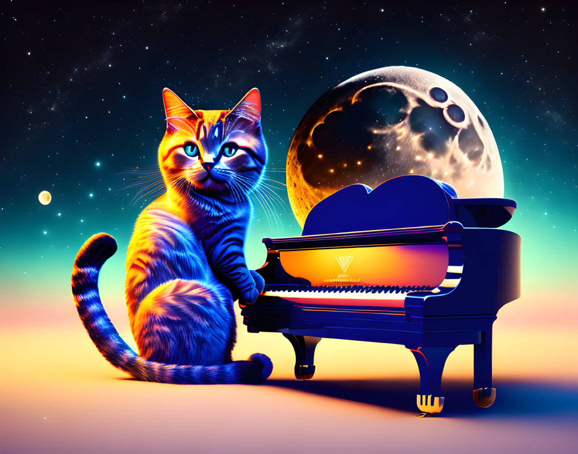 Orange Tabby Cat and Grand Piano Under Starry Sky with Moon