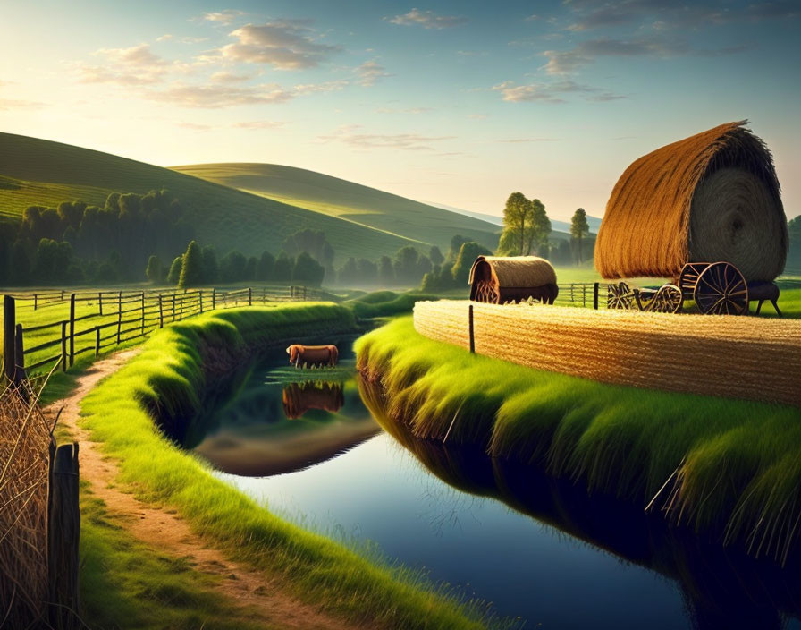 Tranquil sunrise landscape with hay bales, pond, hills, and vibrant sky