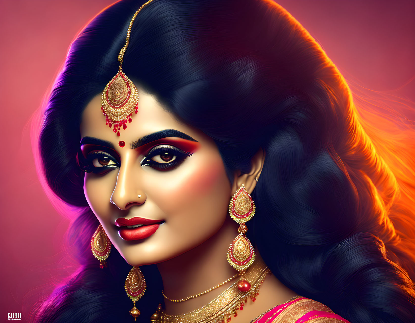 Woman with Elaborate Gold Jewelry and Vibrant Makeup on Red Background