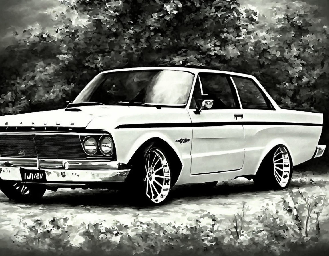 Monochrome classic muscle car with bold grille, against blurred foliage