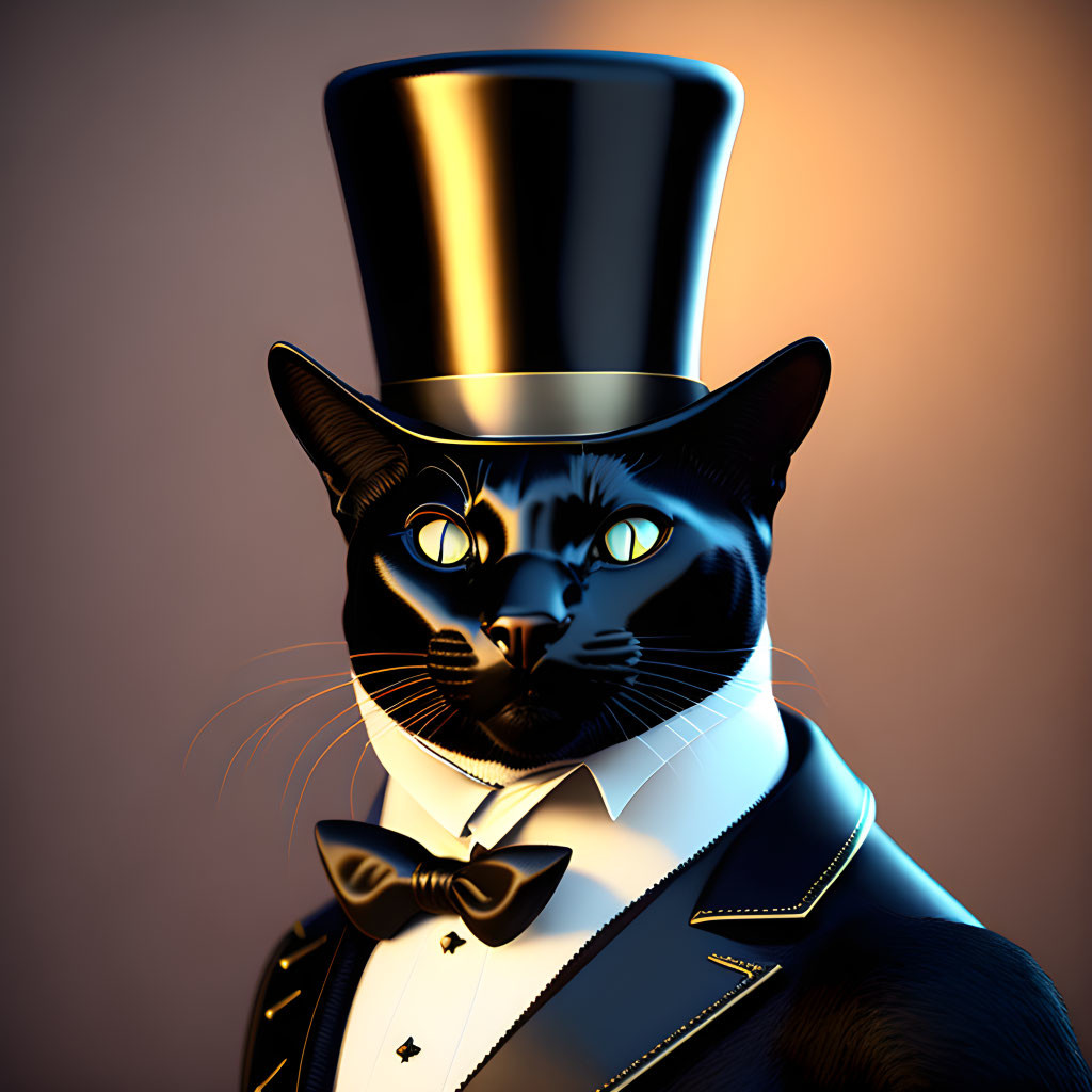 Sophisticated black cat in tuxedo and top hat on warm-toned background