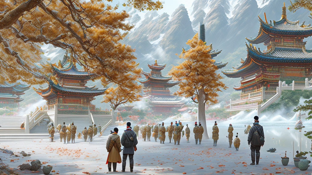 Ancient Asian temple complex with autumn scenery and warriors procession