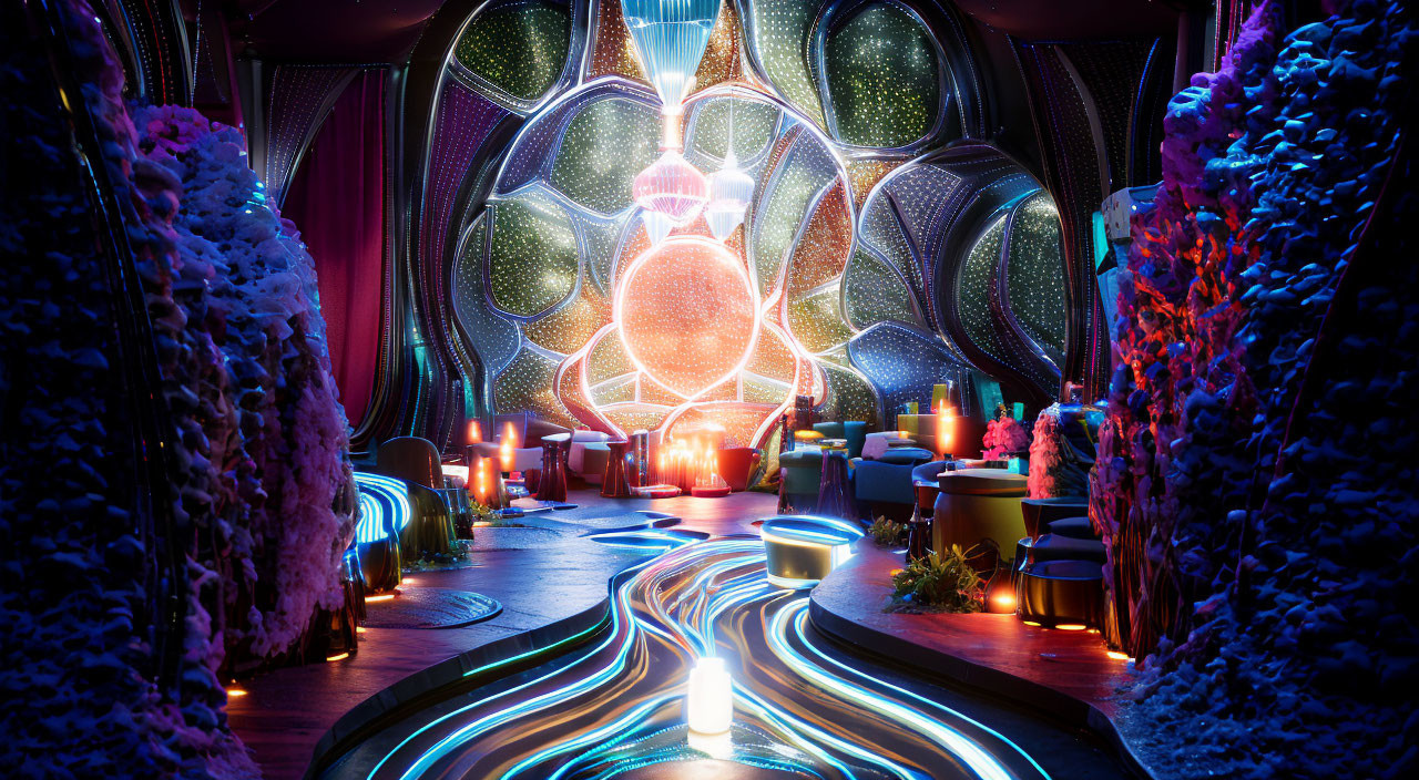 Psychedelic room with neon lights, glowing orb, plants, candles, and gifts