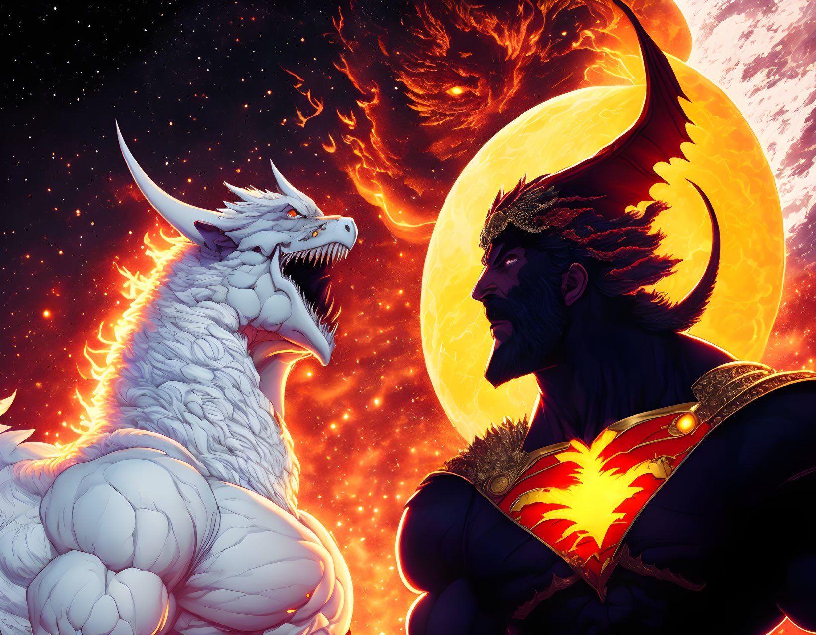 Muscular man with horns confronts white dragon in fiery space scene