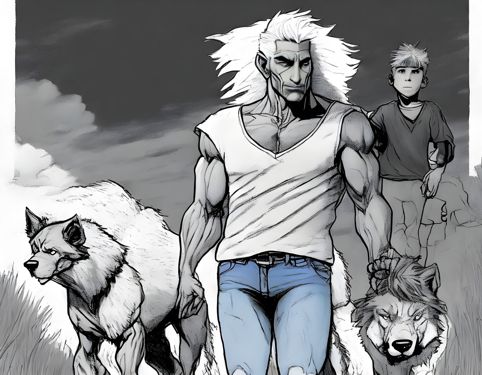 Monochrome illustration of muscular man, boy, and wolves under cloudy skies